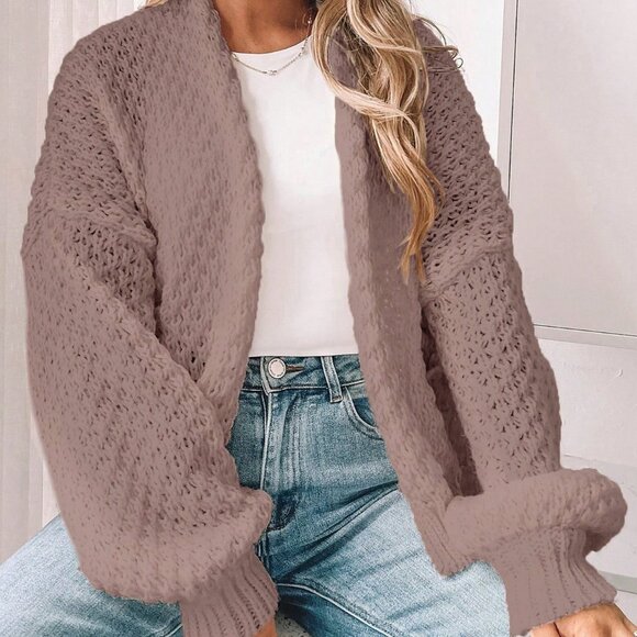 Khaki Casual Women's Dropped Shoulder Long Sleeve Hollow Out Loose Cardigan - Picture 5 of 7